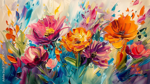 Colorful oil-painted flowers dance across the canvas in an abstract symphony of shapes and hues. © Rafia