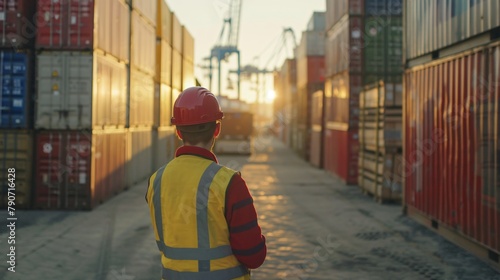 A solitary worker in safety gear observes a busy container terminal at sunrise, signaling the start of a new day.