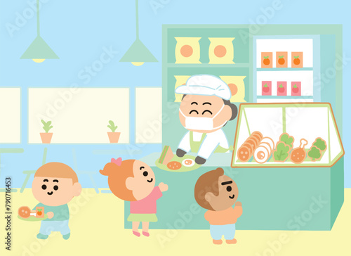 Children have a breakfast at food court.