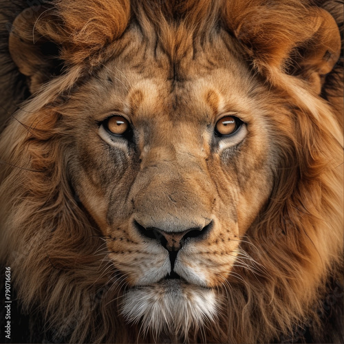 Close-up portrait of a powerful lion with a penetrating gaze and a majestic mane  embodying the essence of the wild.