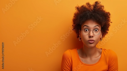 Portrait of attractive unsure girly awkward girl, dont know reaction oops isolated background. photo