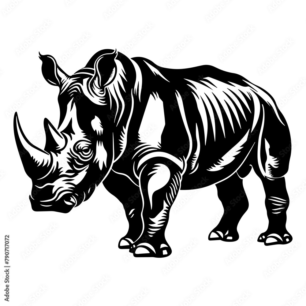 A black and white illustration of a rhinoceros.