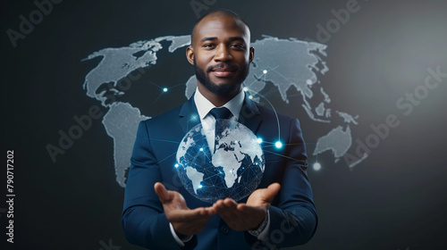 Smart Business Concept: Businessman with Globe and Digital Connectivity, information technology 