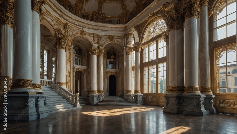 a large room with a lot of windows and a staircase, inside a palace, royal palace interior a large room with a lot of windows and a staircase, inside a palace, royal palace interior