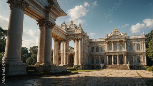 a large building with columns and a clock on the top, giant columns palace, ancient marble city