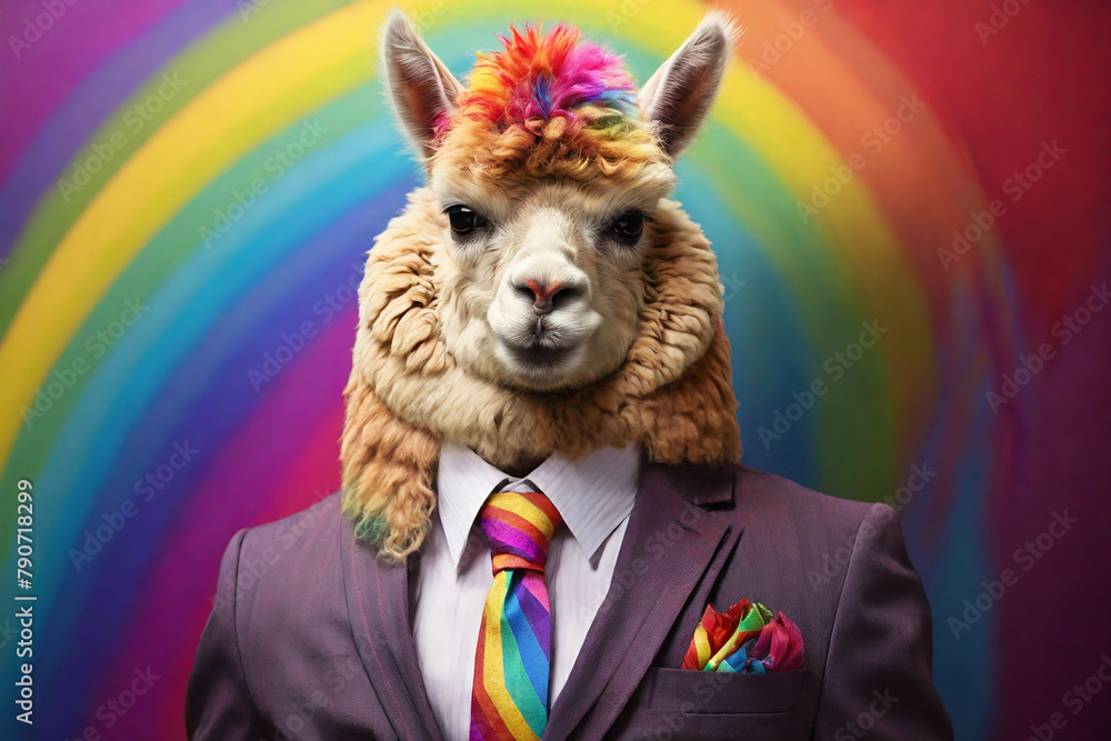 Fototapeta premium Portrait of funny alpaca in suit and tie on rainbow background