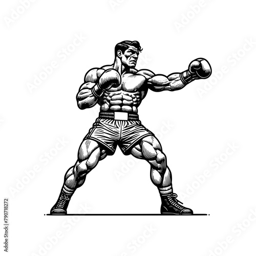 sports professional of boxing man muscle with boxing gloves black outline vector art illustration
