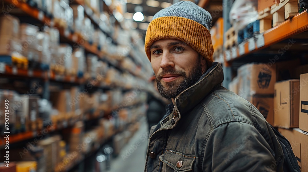 Friendly male worker in a beanie hat posing in a storage warehouse, surrounded by boxes and goods. Friendly male worker in a beanie hat posing in a storage warehouse, surrounded by boxes and goods.