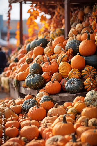 Colorful pumpkins on the autumn market. Harvest festival 