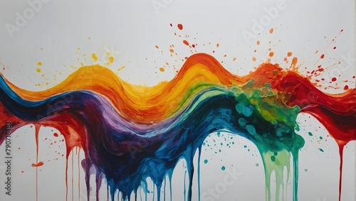a brightly colored paint drips down a white wall, viscous rainbow paint. Abstract background  photo