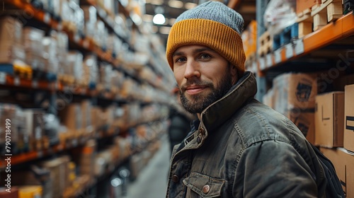 Friendly male worker in a beanie hat posing in a storage warehouse, surrounded by boxes and goods.