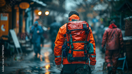  Rear view of a man with a backpack walking alone on a rainy, cobblestone street, surrounded by the glow of city lights.