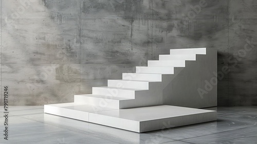 White stair podium with natural afternoon light.