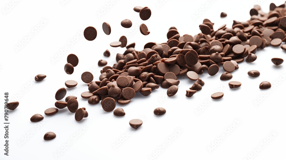 A scattered assortment of chocolate chips on a white background for baking A scattered assortment of chocolate chips on a white background for baking
