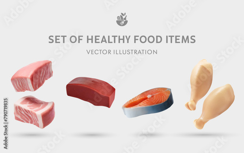 A Set of Healthy Food 3D Vector Items: Pork, Beef, Fish, Chicken