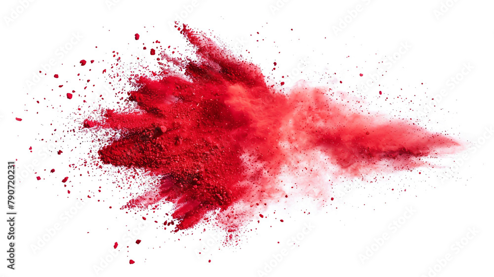 2074 Holi festival red color splash, powder explosion on white background.