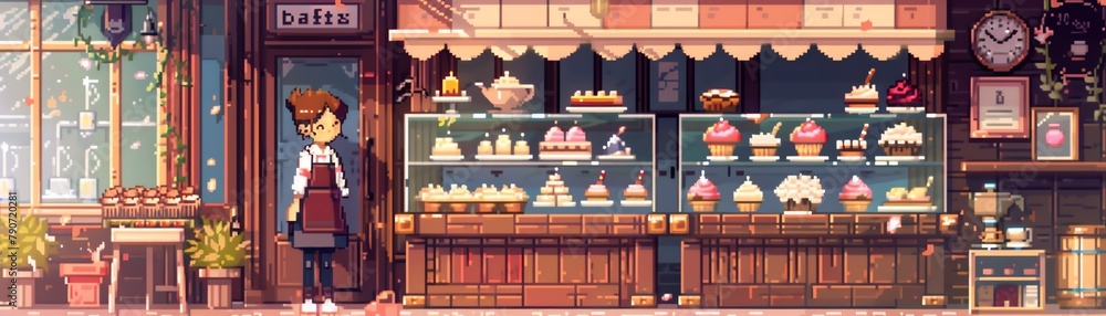 A girl as a pixel art baker in a charming bakery, cupcakes and pastries displayed in the window