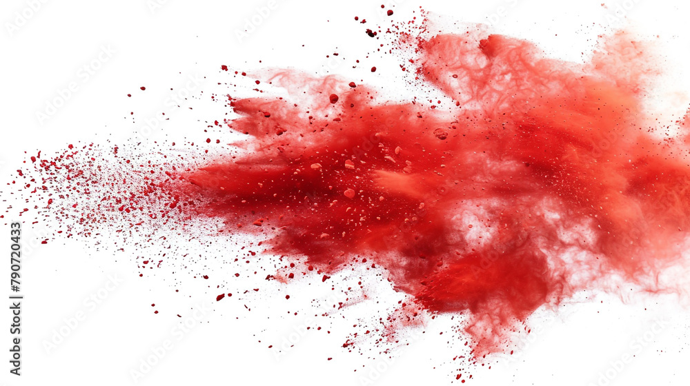 Red holi festival powder explosion on white backdrop, vibrant color splash, colors of the year 2074.