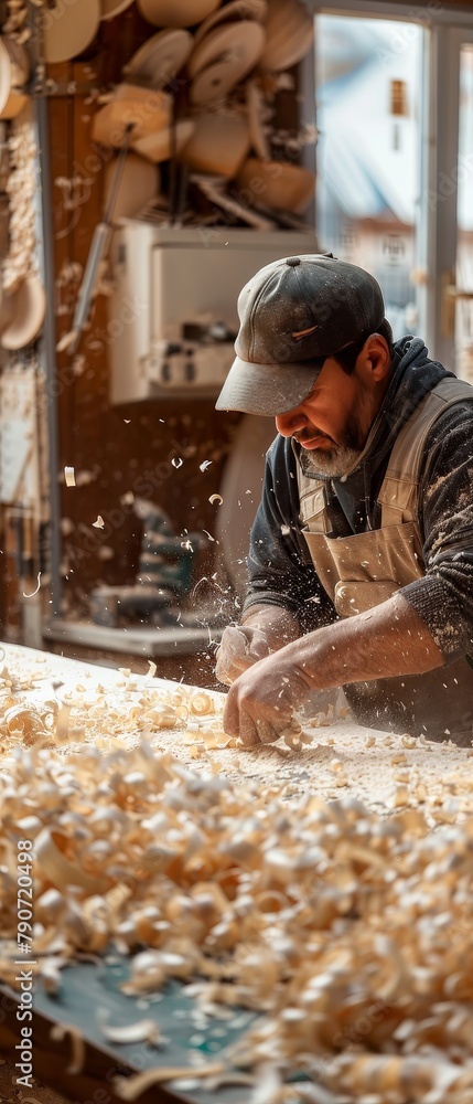 A man is working with wood, sawing it and creating a pile of wood shavings A man is working with wood, sawing it and creating a pile of wood shavings
