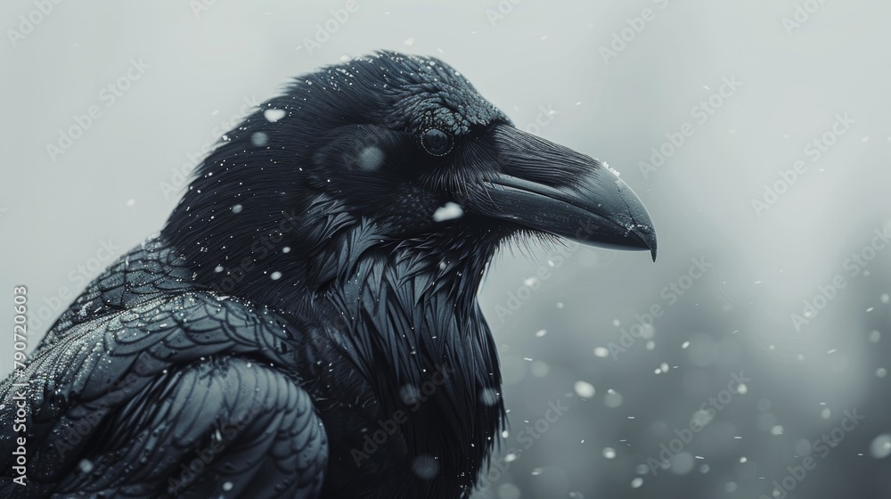 Fototapeta premium Black Raven on Stark White Background