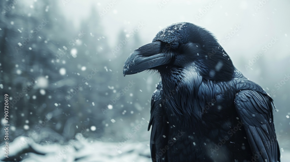 Fototapeta premium Black Raven on Stark White Background