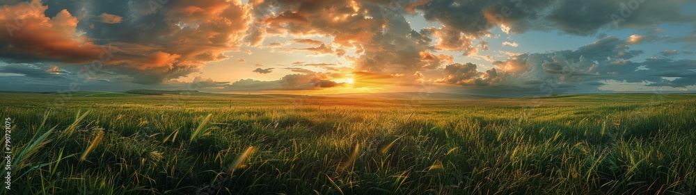 Lush Green Grass Panoramic Sunset Sky