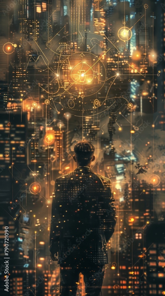 A man stands in front of a cityscape with a glowing orb in the sky A man stands in front of a cityscape with a glowing orb in the sky