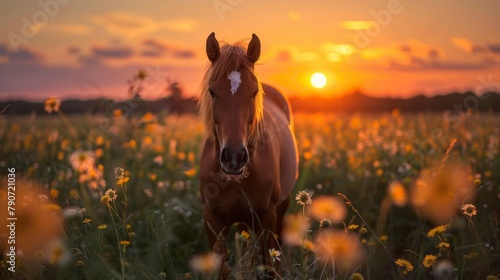 Lonely Horse in Grass Field at Sunset Solitude