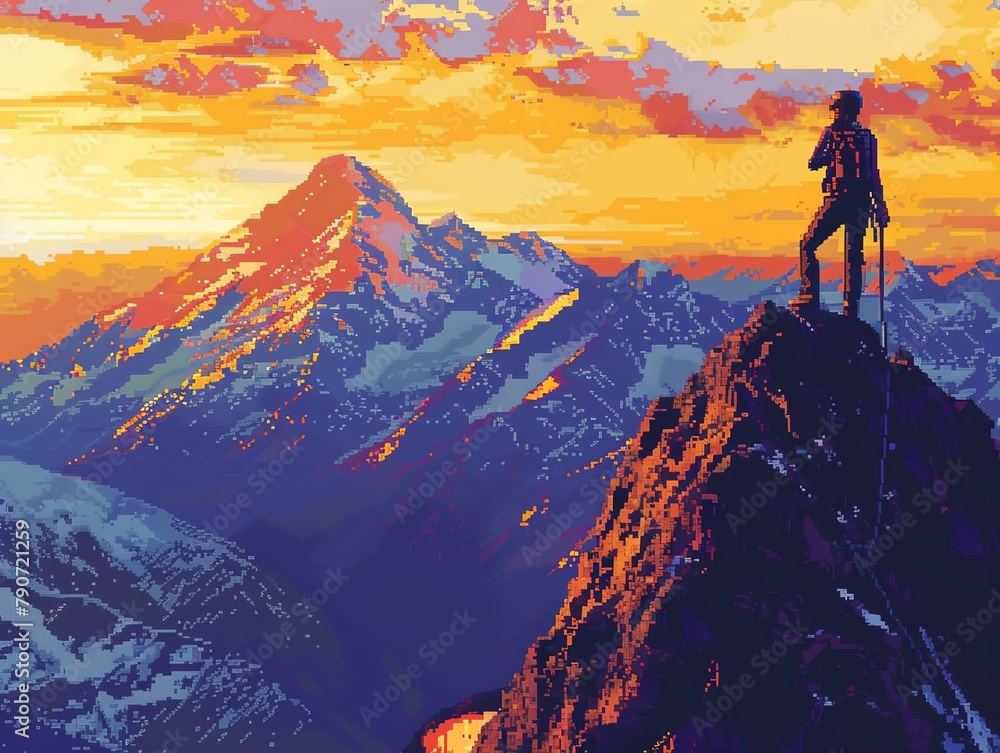 Pixel art of a girl climbing a mountain with a panoramic view at the summit Pixel art of a girl climbing a mountain with a panoramic view at the summit