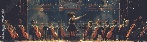 Pixel art of a girl conducting a symphony orchestra, musicians in action, detailed instruments photo