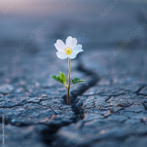 A single blooming flower pushing through cracked pavement, symbolizing the resilience of faith in challenging times © Pairat