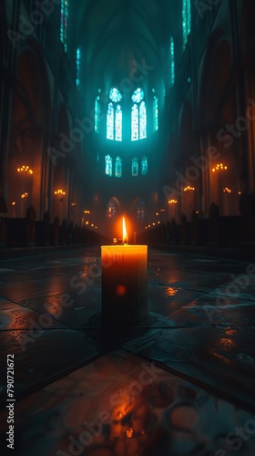 A single candle flickering in the darkness of a vast cathedral  representing hope and resilience