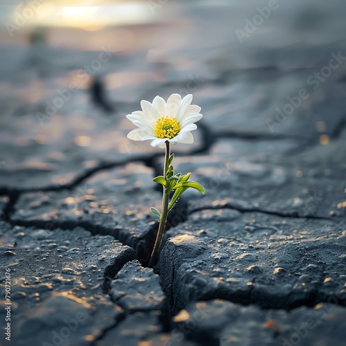 A single blooming flower pushing through cracked pavement, symbolizing the resilience of faith in challenging times © Pairat
