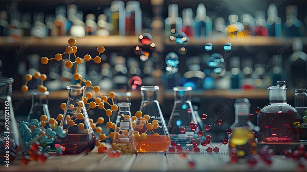 Chemistry lab with beakers and molecules - obrazy, fototapety, plakaty 