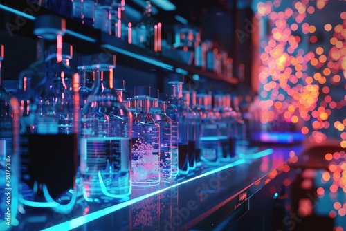 A glowing blue and pink laboratory with shelves of glowing blue and pink potions and beakers. © HappyFarmDesign