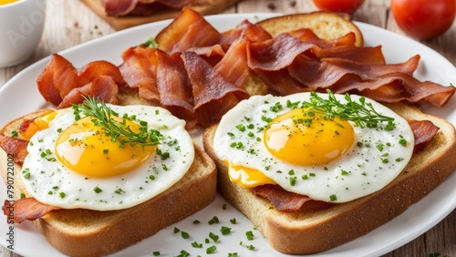 Bacon and eggs on toast, delicious tasty food, perfect breakfast 