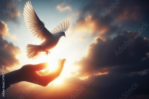 Dove flies off your hand. Hope and freedom concept. International day of peace. Blurred background