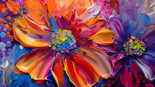 Vibrant oil-painted flowers bloom against an abstract background, bursting with color and life.