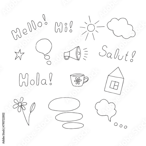 Greeting and communication doodles set, vector illustration hand drawing