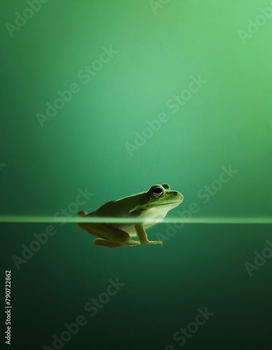 Green frog floating with a fine mist of water enhancing the fresh green color, against a minimalistic green gradient background