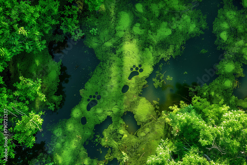 Vibrant greenery enveloping a lake resembling human footprints  highlighting the interconnectedness between human actions and environmental impact.