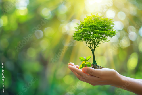 Human hand gently cradling a vibrant green tree icon symbolizing ESG principles and sustainable practices.