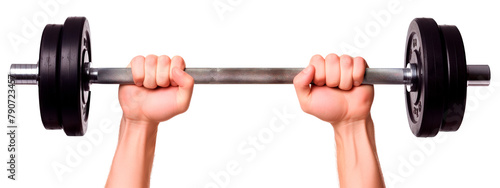 Hand holding a dumbbell isolated on a white or transparent background. Close-up of a dumbbell in hand, side view. Graphic design element on the theme of sports.