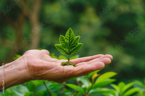 Conceptual photo featuring a hand holding a stylized green tree icon, symbolizing societal commitment to environmental conservation.