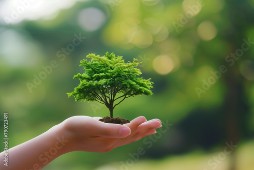 Symbolic image of a hand cradling a virtual tree symbol, representing the collective responsibility towards environmental sustainability.