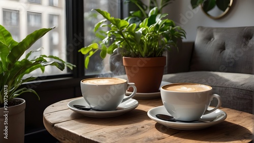 A cup of coffee rests on a smooth wooden surface, its deep brown hue mirroring the earthy tones of the potted plant and the inviting comfort of the nearby couch.