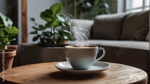 A cup of coffee rests on a smooth wooden surface  its deep brown hue mirroring the earthy tones of the potted plant and the inviting comfort of the nearby couch.