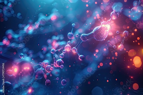 3D illustration of a molecular structure on a blue background with glowing red and blue highlights.