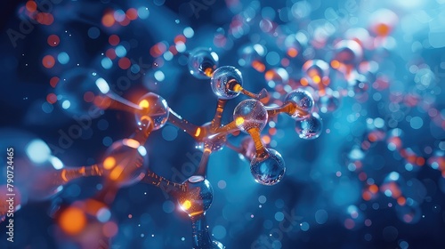 3D render of a molecule with a blue and orange color scheme