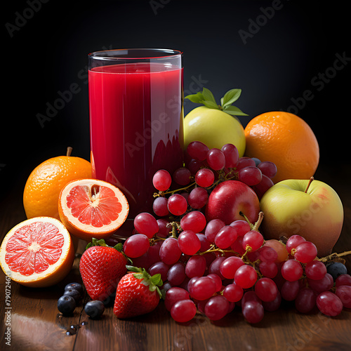 A glass of fruit juice and other fruits including oranges, apples, and grapes and strawberries were on the table. Generative AI